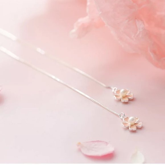 S925 Flower Long Chain Threader Earrings - Picture 4 of 9